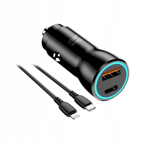 Ładowarka samochodowa Blue Star USB C + USB A QC3.0 PD AFC PPS 3A 25W + kabel USB C do Lightning czarna