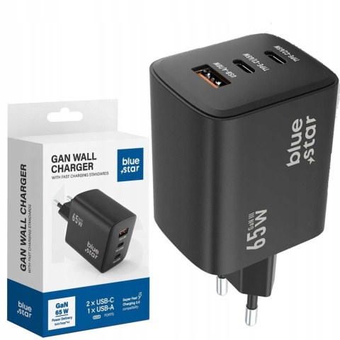 Ładowarka sieciowa do telefonu Blue Star GaN 2 x USB C + USB A QC4.0 PD 4A 65W VT-43 czarna