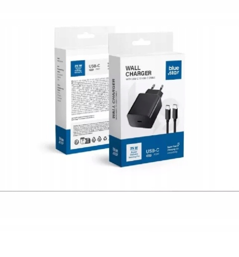 Ładowarka sieciowa do telefonu Blue Star USB C QC4.0 PD 3A 25W + kabel USB C do USB C TFB-TC-25WPD czarna