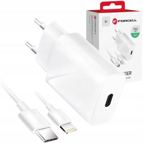 Ładowarka sieciowa do telefonu Forcell F-Energy USB C QC4.0 PD 3A 20W + kabel USB C do Lightning TFK-TC-20WPD biała