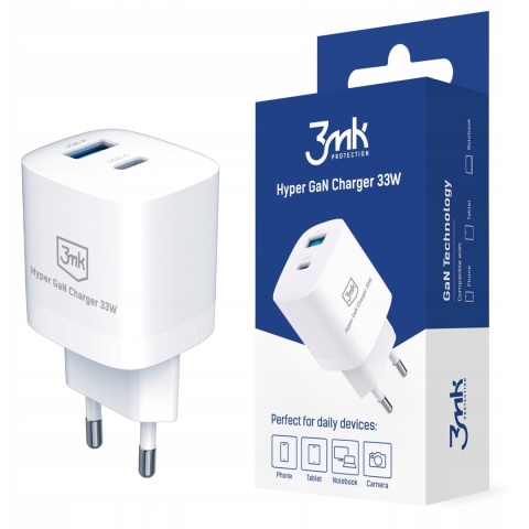 Ładowarka sieciowa USB-C USB-A 3mk Hyper GaN Charger 33W White