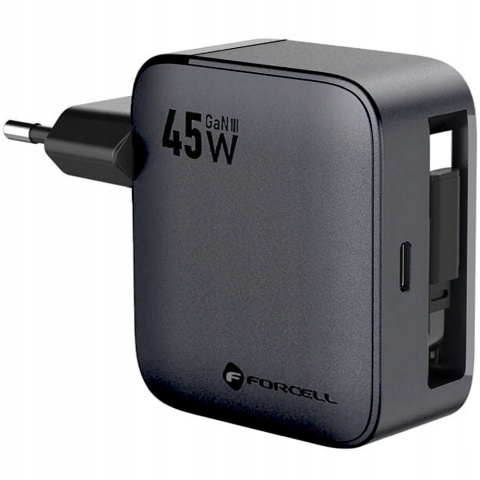 Ładowarka sieciowa do telefonu Forcell F-Energy GaN USB C + zwijany kabel USB C PD QC4.0 3A 45W VT-R5 szara