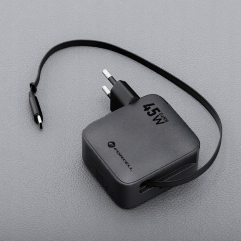 Ładowarka sieciowa do telefonu Forcell F-Energy GaN USB C + zwijany kabel USB C PD QC4.0 3A 45W VT-R5 szara