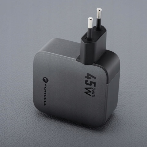 Ładowarka sieciowa do telefonu Forcell F-Energy GaN USB C + zwijany kabel USB C PD QC4.0 3A 45W VT-R5 szara