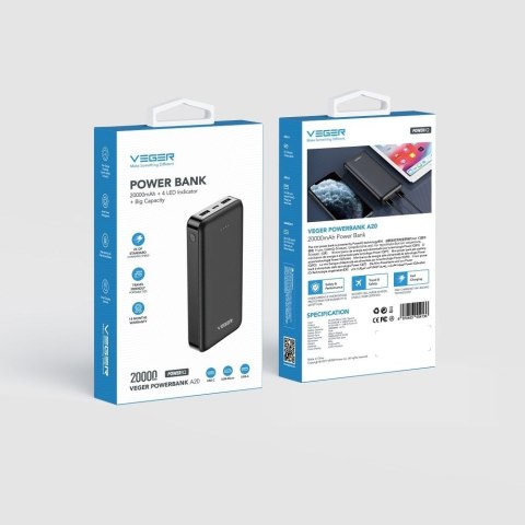 Powerbank VEGER A20 DUŻY POJEMNY 20000 mAh ładowarka 2x USB USB typ C LED
