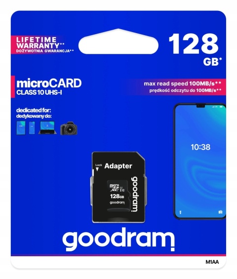 Karta Pamięci GOODRAM microSD 128GB CLASS 10 UHS I 100MB/s z adapterem SD